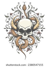 Horned Skull with Snake and Flowers Tattoo in Engraving Style isolated on white vector illustration