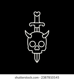 horned skull with sword portrait mascot character line style simple minimalist logo design vector icon illustration