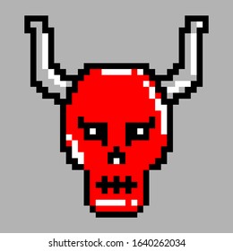 a horned skull vector art illustration in pixel art flat design,ready for stickers etc