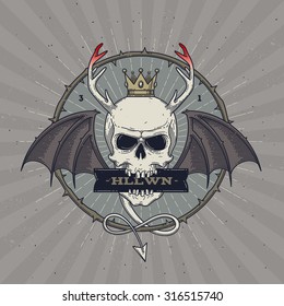 Horned skull with wings - line art Halloween vector illustration
