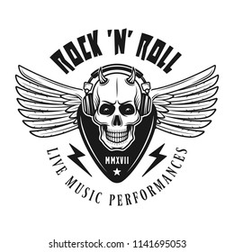 Horned skull with wings music emblem, label, badge or logo in monochrome vintage style isolated on white background