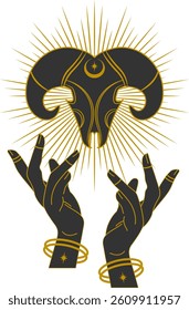 Horned skull witchcraft sticker. Vector black tribal witchcraft art. Mystical style illustration
