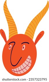 Horned strange smiling demon. Illustration in a modern childish hand-drawn style