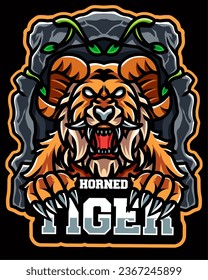 Horned tiger for esport and sport mascot logo isolated on dark background