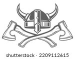Horned viking helmet and two crossed barbarian axes, scandinavian warrior  armor, vector