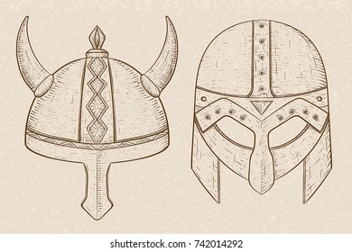 Horned viking helmets. Hand drawn sketch on beige background. Vector illustration