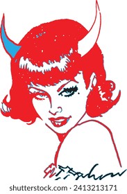 horned vintage pin up girl, horned lady, demon girl, retro 50s, 40s style clip art, bang cut girl, tattoo flash design svg