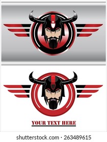 horned warrior, commander, suitable for team identity, sport club mascot, rider community, insignia, embellishment, emblem, game icon, etc. One in flat color another in metallic style. 