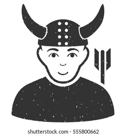 Horned Warrior grainy textured icon for overlay watermark stamps. Flat symbol with dust texture. Dotted vector gray ink rubber seal stamp with grunge design on a white background.