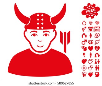 Horned Warrior icon with bonus amour symbols. Vector illustration style is flat iconic red symbols on white background.