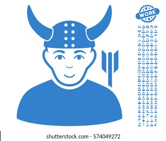 Horned Warrior icon with bonus men icon set. Vector illustration style is flat iconic cobalt symbols on white background.