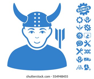 Horned Warrior icon with bonus options pictograph collection. Vector illustration style is flat iconic cobalt symbols on white background.