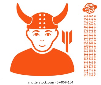Horned Warrior pictograph with bonus avatar images. Vector illustration style is flat iconic orange symbols on white background.