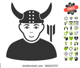 Horned Warrior Pictograph With Bonus Decoration Images. Vector Illustration Style Is Flat Iconic Eco Green And Gray Symbols On White Background.