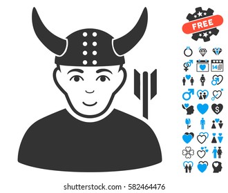 Horned Warrior pictograph with bonus marriage icon set. Vector illustration style is flat iconic blue and gray symbols on white background.