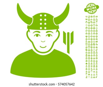 Horned Warrior Pictograph With Bonus Men Clip Art. Vector Illustration Style Is Flat Iconic Eco Green Symbols On White Background.
