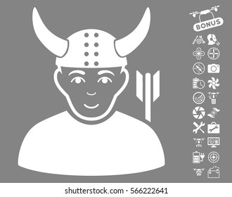 Horned Warrior pictograph with bonus quadrocopter service graphic icons. Vector illustration style is flat iconic white symbols on gray background.