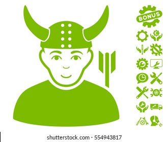 Horned Warrior Pictograph With Bonus Service Pictograph Collection. Vector Illustration Style Is Flat Iconic Eco Green Symbols On White Background.