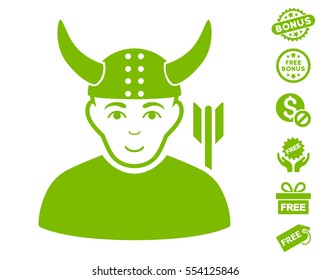 Horned Warrior Pictograph With Free Bonus Pictures. Vector Illustration Style Is Flat Iconic Symbols, Eco Green Color, White Background.