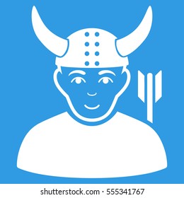 Horned Warrior vector icon. Flat white symbol. Pictogram is isolated on a blue background. Designed for web and software interfaces.