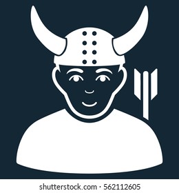 Horned Warrior vector icon. Flat white symbol. Pictogram is isolated on a dark blue background. Designed for web and software interfaces.