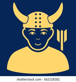 Horned Warrior vector icon. Flat yellow symbol. Pictogram is isolated on a blue background. Designed for web and software interfaces.