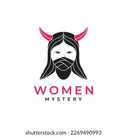 horned women mystery long hair mask beauty logo design icon vector illustration