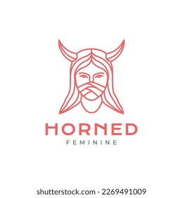 horned women mystery long hair mask beauty lines logo design icon vector illustration
