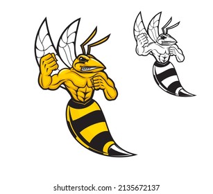 Hornet bee sport team mascot character, vector hornet or wasp. Cartoon strong muscle hornet bee with sting and punch fists, aggressive bumblebee for football or soccer club or sport team emblem