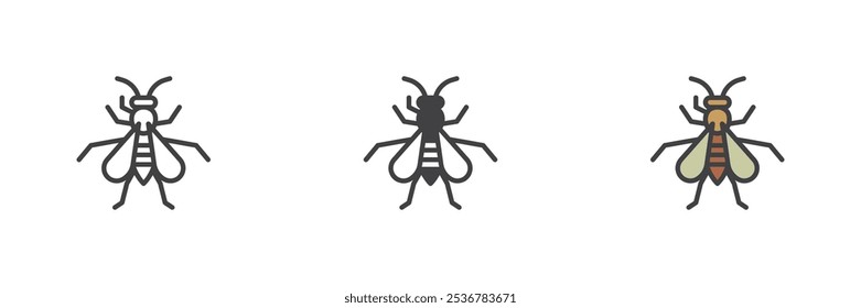 Hornet inseto diferente estilo ícone conjunto. Linha, glifo e preenchido esboço versão colorida, contorno e sinal de vetor preenchido. Símbolo de Vespa, ilustração de logotipo. Gráficos vetoriais