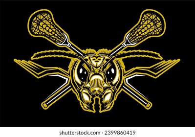 hornet mascot with crossed lacrosse sticks for school, college or league sports