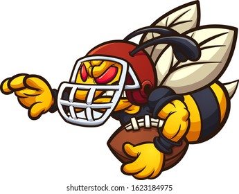 Hornet wasp or bee sport mascot holding a football and wearing a helmet. Vector cartoon clip art illustration with simple gradients. Each on a separate layer.
