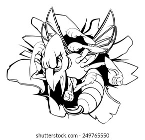 A hornet or wasp sports mascot or character breaking out of the background or wall