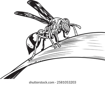 Hornets Perched on a leaf Line art for Book Illustration