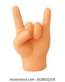 Emoji de gestos 3D com as mãos. Rock music cartoon heavy metal, sinal de cultura punk. Ícone isolado de chifres de rocha de renderização suave realista vetorial.