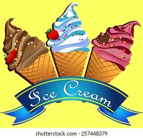 Horns with chocolate, white and pink ice cream. Vector illustration