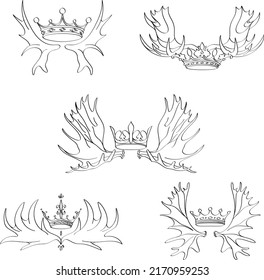 Horns and crowns set. Collection of black and white designs. Line art illustrations. Tattoo design