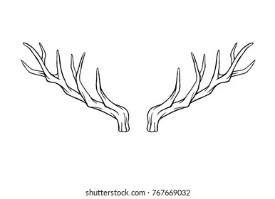 Horns of deer. Hand drawn vector cartoon. Happy new year. Holiday illustration Xmas. Doodle style. Merry Christmas. Logo, print, stamp, patch, design, wallpaper, textile, paper, decor. Eps10