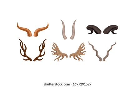 Horns of Different Animals with Ram and Deer Antlers Vector Set