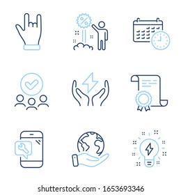 Horns hand, Inspiration and Calendar line icons set. Diploma certificate, save planet, group of people. Discount, Phone repair and Safe energy signs. Gesture palm, Creativity, Time. Vector
