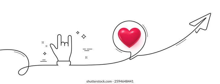 Horns hand line icon. Continuous line with share plane. Two fingers palm sign. Gesture symbol. 3d heart in speech bubble. Horns hand single line ribbon. Loop curve pattern. Vector