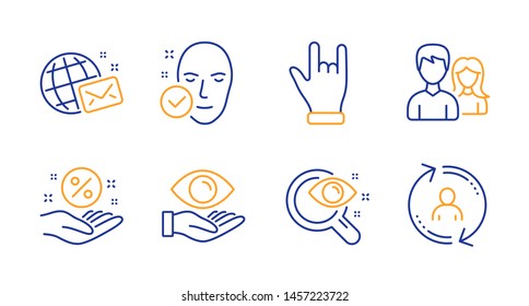 Horns hand, Loan percent and World mail line icons set. Vision test, Health eye and Teamwork signs. Health skin, User info symbols. Gesture palm, Discount hand. People set. Vector