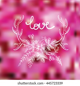 Horns label on the blurred background. Boho style banner with rose.