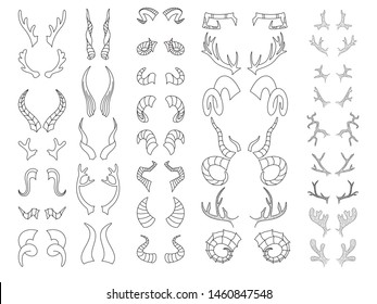 Horns linear Big set. Bull and deer antlers, ram and goat, bison and moose, buffalo and antelope. Hunting trophies horns collection. Vector illustration