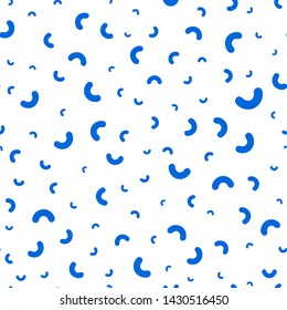 Horns (macaroni) - seamless pattern. Blue chaotic macarons on white background. Abstraction for printing, rolls, paper, membranes, fabrics, gifts, etc.