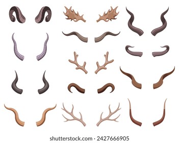 Horns set. Hunting trophys. Vector horned wild animals. Pairs of antlers. Vector illustration of hunted animals, wildlife decoration concept