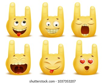 Horns sign cartoon emoji characters set. Vector illustration