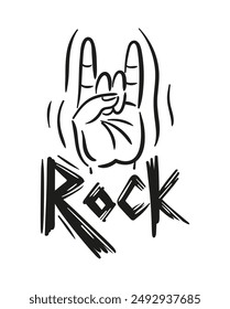 Horns sign, Cool hand gesture, goat. Vector hard rock illustration. Informal subculture, freak. Grunge lettering, sketch drawing. Heavy metal, Music. For for music festival, logo, posters, design