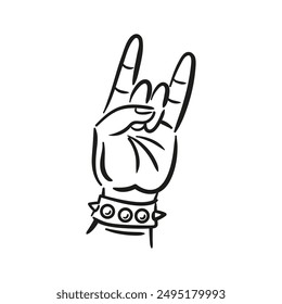 Horns sign, Cool hand gesture, goat. Vector hard rock illustration. Informal subculture, freak. Grunge, sketch drawing. Heavy metal, Music. For for music festival, logo, posters, design