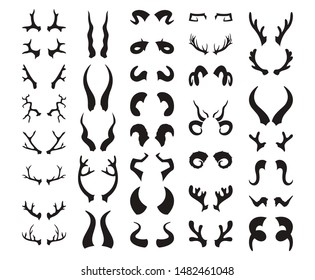 Horns silhouette Big set. Bull and deer antlers, ram and goat, bison and moose, buffalo and antelope. Magic anreal horns collection. Vector illustration